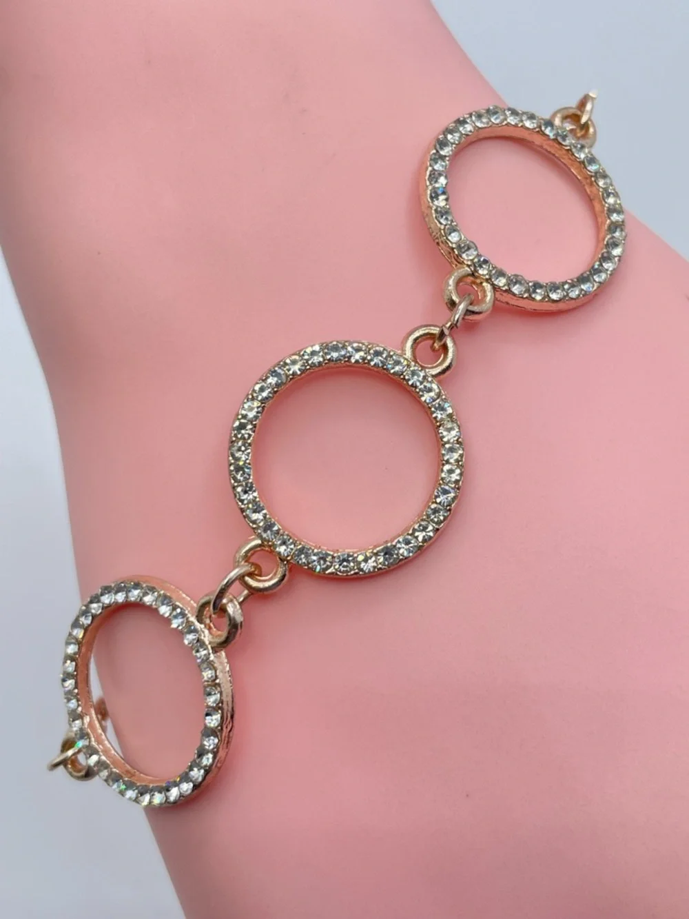 Rose Gold Crystal Circle Link Bracelet Adjustable Rhinestone Halo